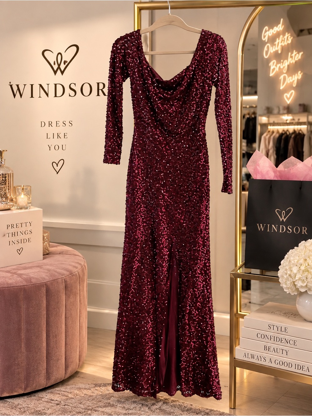 Windsor Burgundy Sequin Cowl Neck Long Sleeve Gown